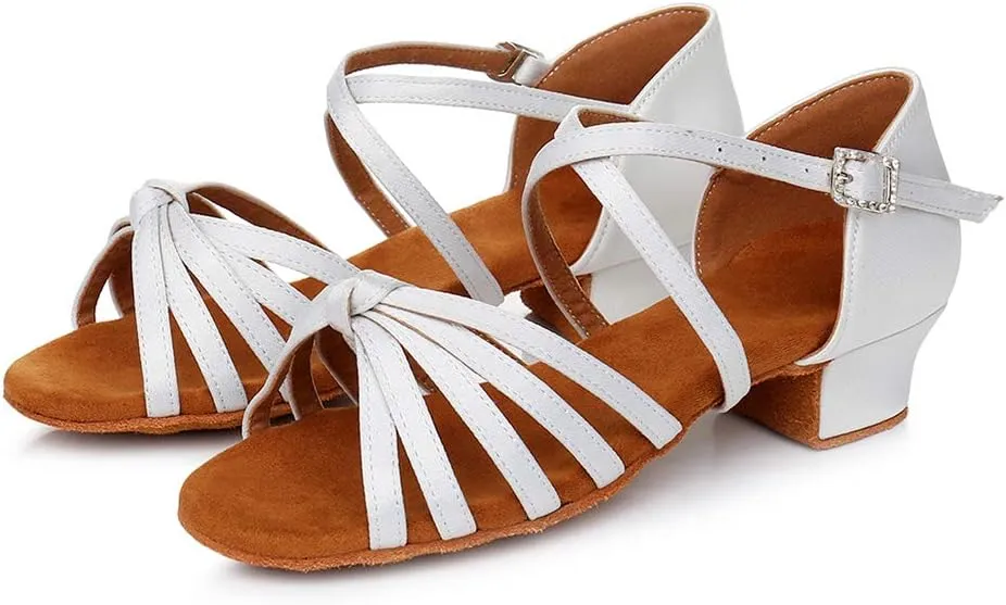 JUODVMP Silk Fabric Latin Dance Shoes for Girls Latin Ballroom Dance Shoes Girls with Diamond Buckle,Model US-TL-LP-ZSZK