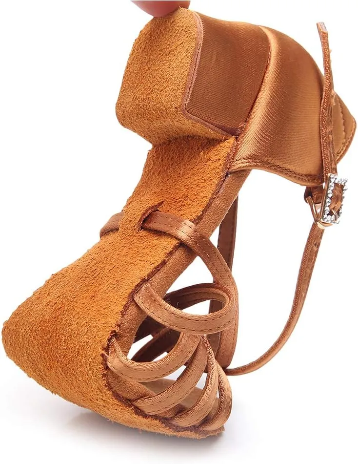 JUODVMP Silk Fabric Latin Dance Shoes for Girls Latin Ballroom Dance Shoes Girls with Diamond Buckle,Model US-TL-LP-ZSZK
