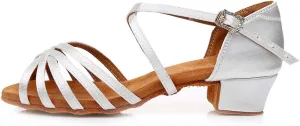 JUODVMP Silk Fabric Latin Dance Shoes for Girls Latin Ballroom Dance Shoes Girls with Diamond Buckle,Model US-TL-LP-ZSZK