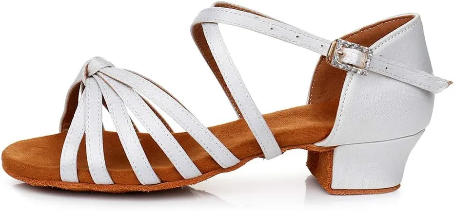 JUODVMP Silk Fabric Latin Dance Shoes for Girls Latin Ballroom Dance Shoes Girls with Diamond Buckle,Model US-TL-LP-ZSZK