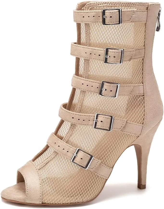 JUODVMP Womens Leather Stitching Mesh Multiple Straps Open Toe Ballroom Latin Salsa Modern Dance Shoes Model Y006