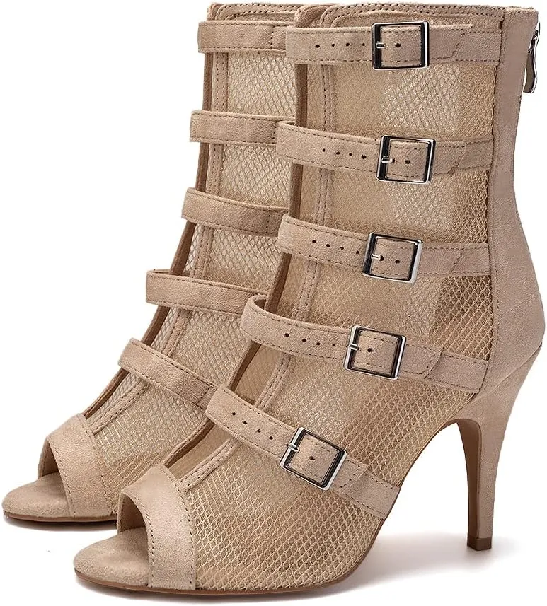 JUODVMP Womens Leather Stitching Mesh Multiple Straps Open Toe Ballroom Latin Salsa Modern Dance Shoes Model Y006