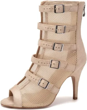 JUODVMP Womens Leather Stitching Mesh Multiple Straps Open Toe Ballroom Latin Salsa Modern Dance Shoes Model Y006