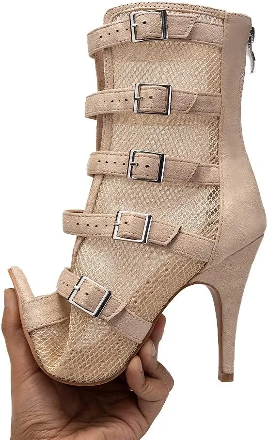 JUODVMP Womens Leather Stitching Mesh Multiple Straps Open Toe Ballroom Latin Salsa Modern Dance Shoes Model Y006