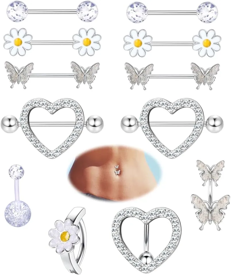 Kakonia 12 Pcs 14G Nipple Piercing Jewelry - Surgical Steel Nipple Rings Belly Rings for Women,Dainty Butterfly Belly Button Ring Heart Nipple Piercing Jewelry Set Cute Flower CZ Nipple Ring Barbells Body Piercing Jewelry