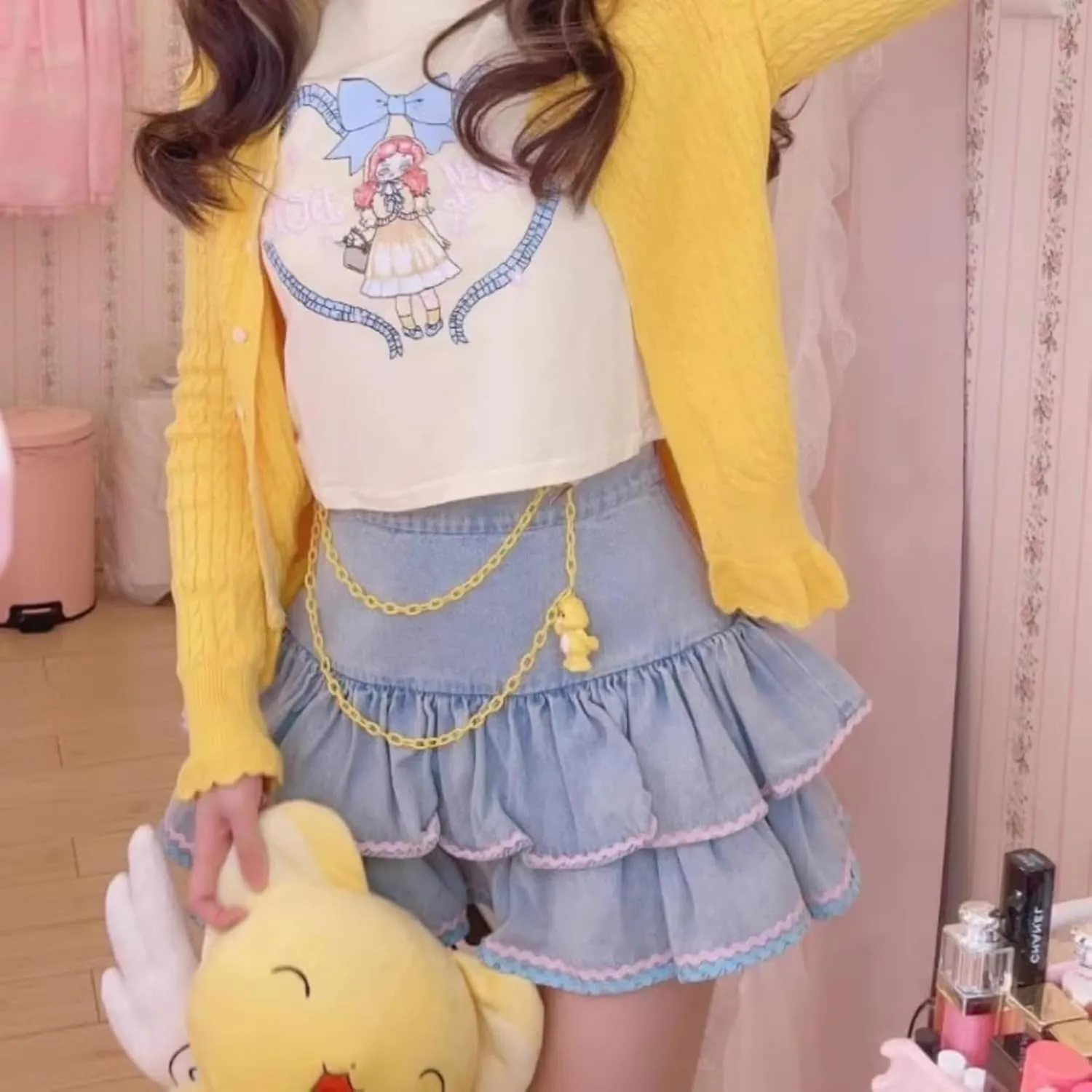 Kawaii Denim Ruffle Mini Skater High Waisted Y2k Cute Layered Trendy Casual Jean Summer Skirts