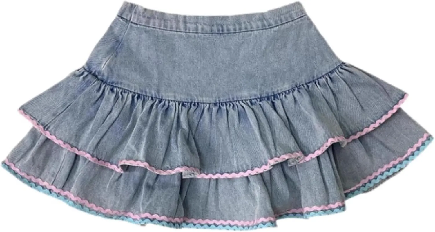 Kawaii Denim Ruffle Mini Skater High Waisted Y2k Cute Layered Trendy Casual Jean Summer Skirts