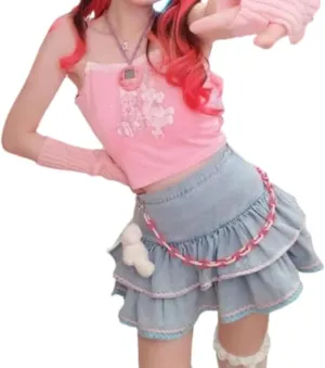 Kawaii Denim Ruffle Mini Skater High Waisted Y2k Cute Layered Trendy Casual Jean Summer Skirts