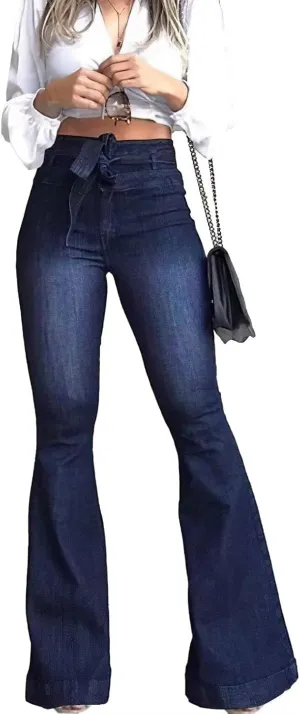 KDF High Waisted Flare Jeans for Women Bell Bottom Jeans with Belt for Women Stretch Wide Leg Jeans