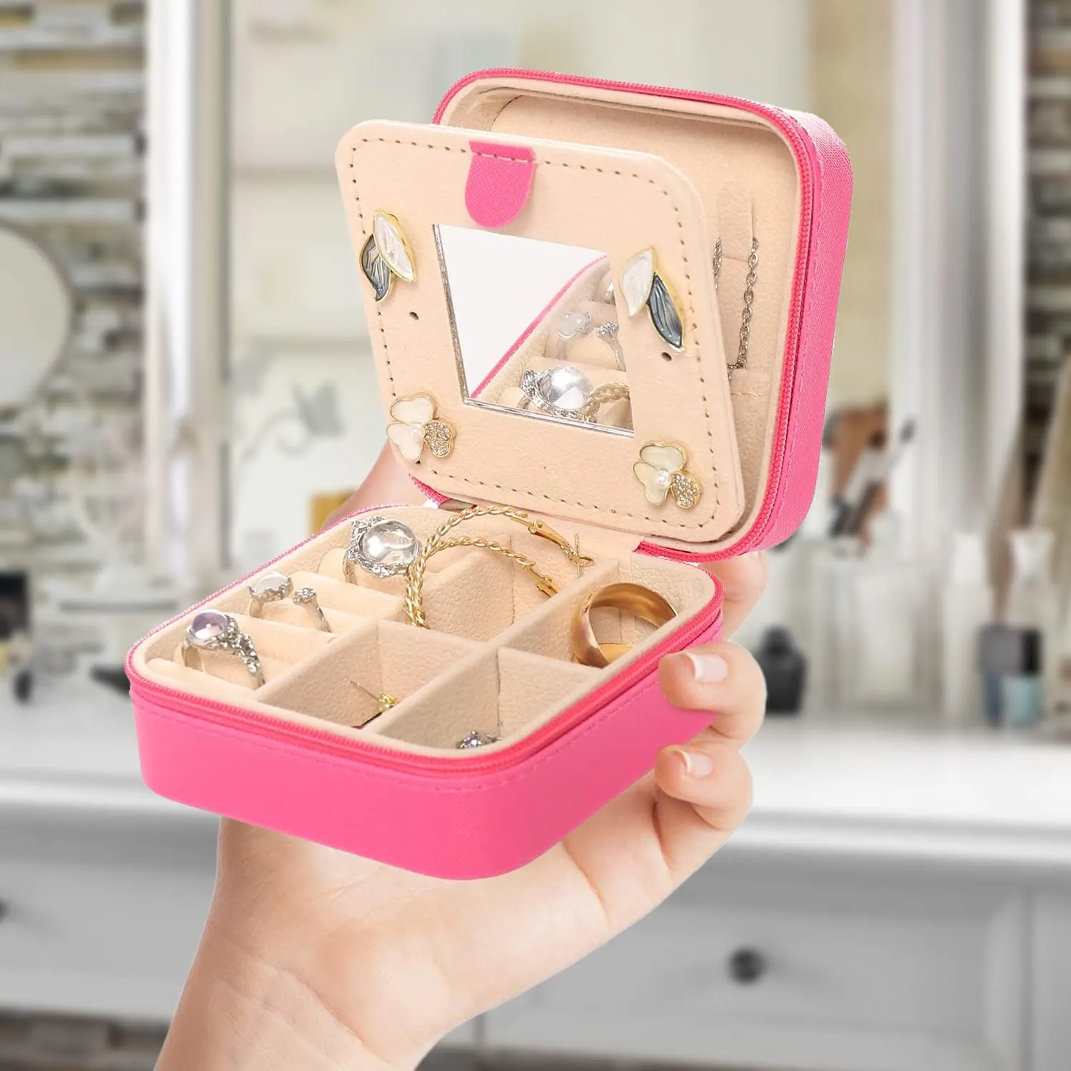 KElofoN Travel Jewelry Case & Box - Small Jewelry Organizer for Girls & Women with Mirror (Rosy)