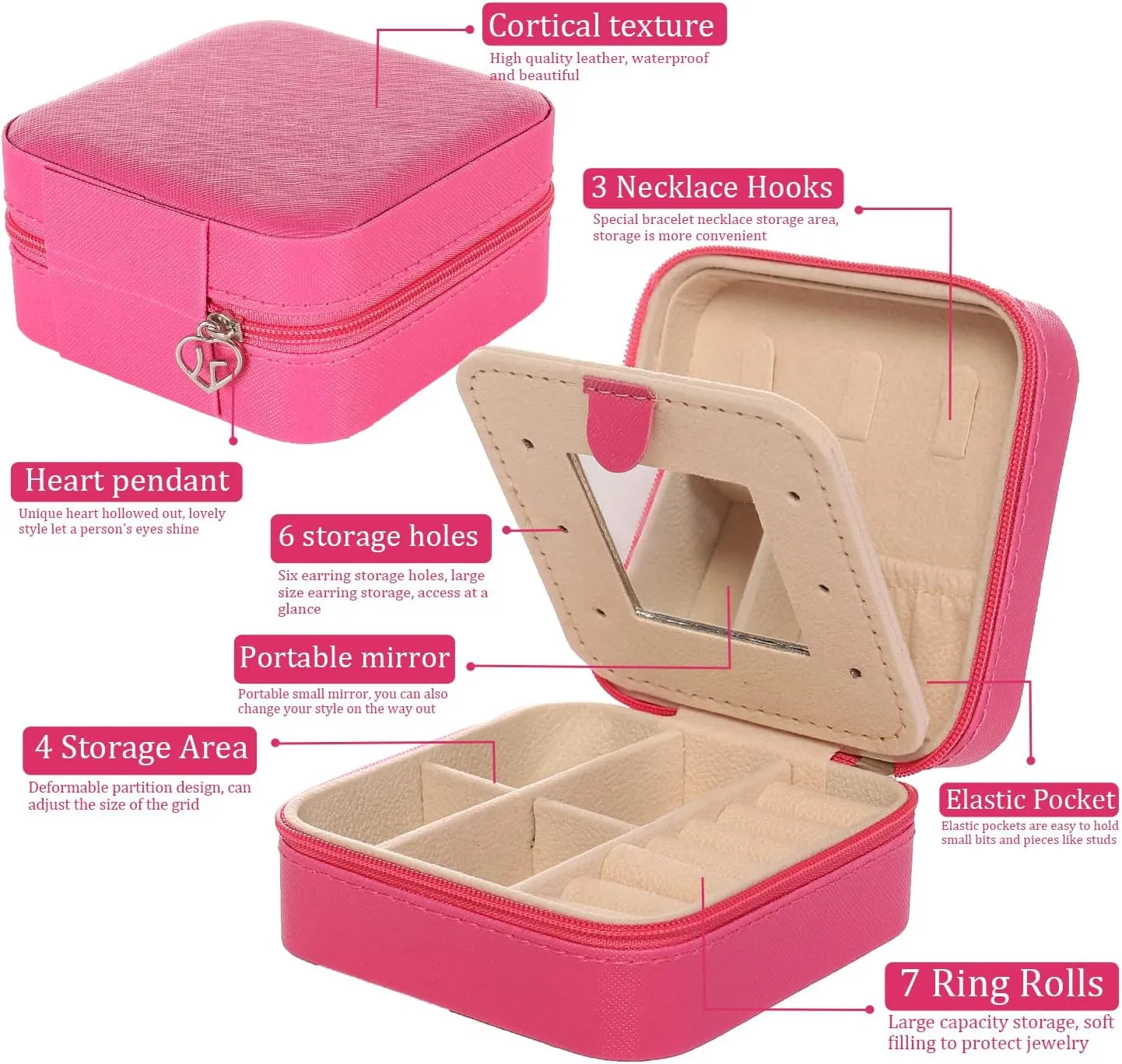 KElofoN Travel Jewelry Case & Box - Small Jewelry Organizer for Girls & Women with Mirror (Rosy)