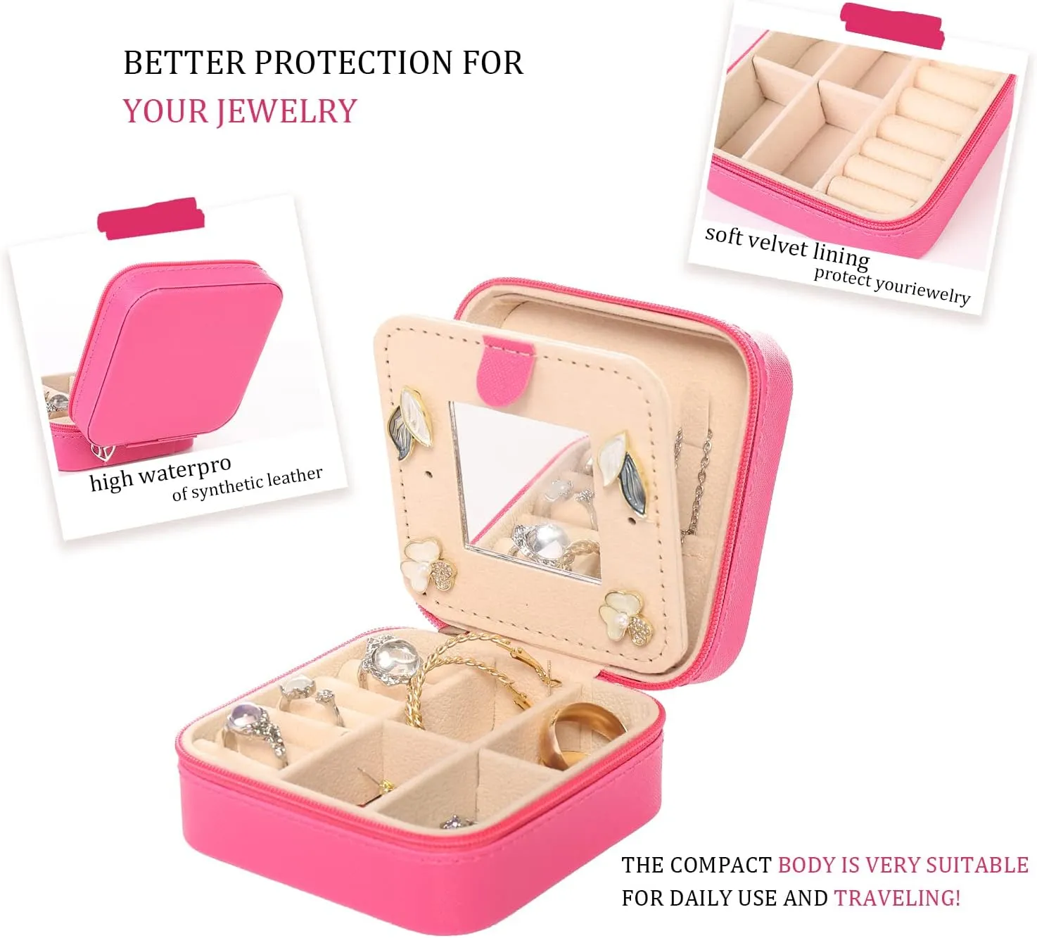KElofoN Travel Jewelry Case & Box - Small Jewelry Organizer for Girls & Women with Mirror (Rosy)