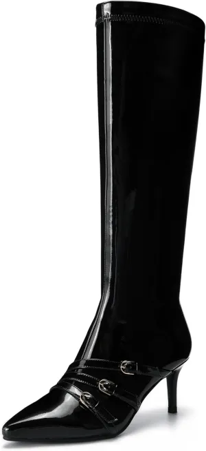 Knee High Boots for Women Strappy Buckles Stiletto Heel Pointed Toe Side Zipper Soft PU Leather Sexy Dress Long Boots and Ankle Booties
