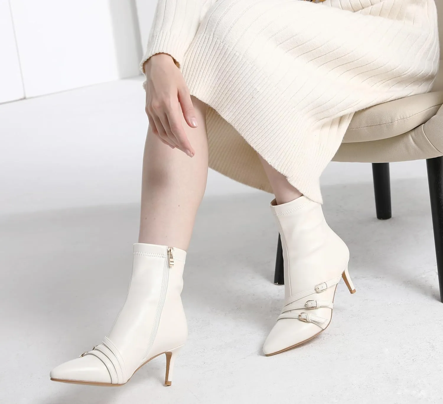 Knee High Boots for Women Strappy Buckles Stiletto Heel Pointed Toe Side Zipper Soft PU Leather Sexy Dress Long Boots and Ankle Booties