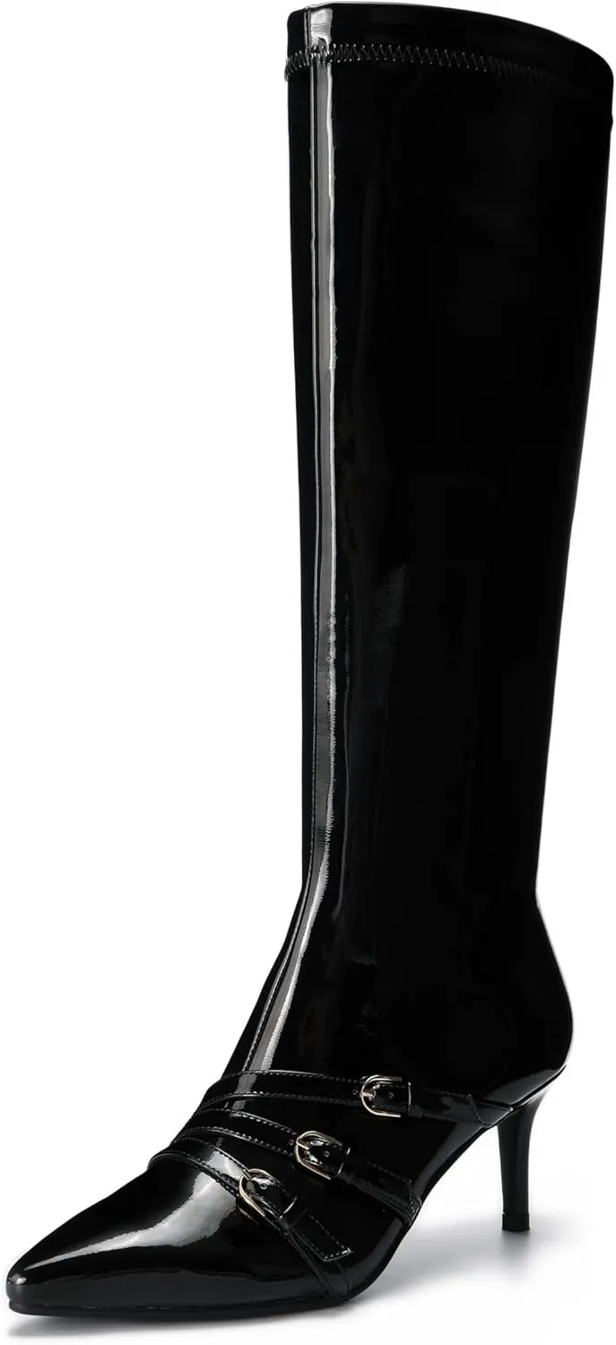Knee High Boots for Women Strappy Buckles Stiletto Heel Pointed Toe Side Zipper Soft PU Leather Sexy Dress Long Boots and Ankle Booties