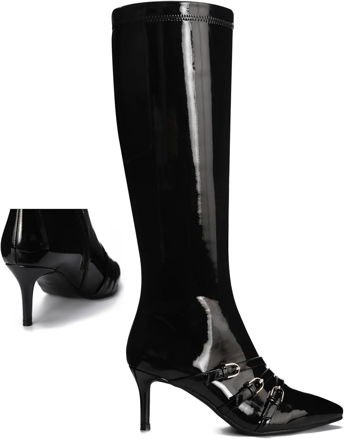 Knee High Boots for Women Strappy Buckles Stiletto Heel Pointed Toe Side Zipper Soft PU Leather Sexy Dress Long Boots and Ankle Booties