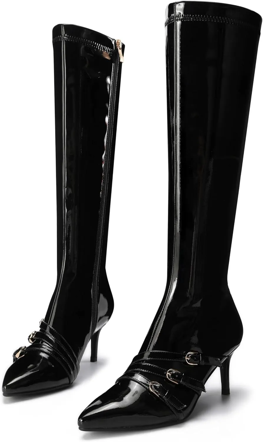 Knee High Boots for Women Strappy Buckles Stiletto Heel Pointed Toe Side Zipper Soft PU Leather Sexy Dress Long Boots and Ankle Booties