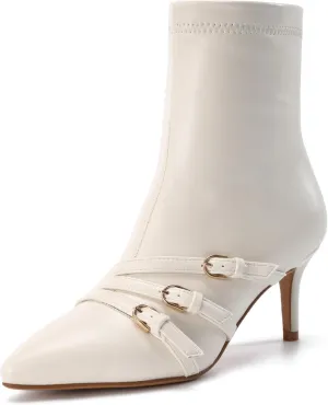 Knee High Boots for Women Strappy Buckles Stiletto Heel Pointed Toe Side Zipper Soft PU Leather Sexy Dress Long Boots and Ankle Booties