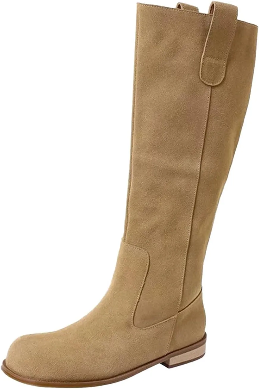 Knee High Boots Women Winter Boots for Women Retro Knee High Boots Flat Low Heel Solid Color Sleeve Mid Calf Boots