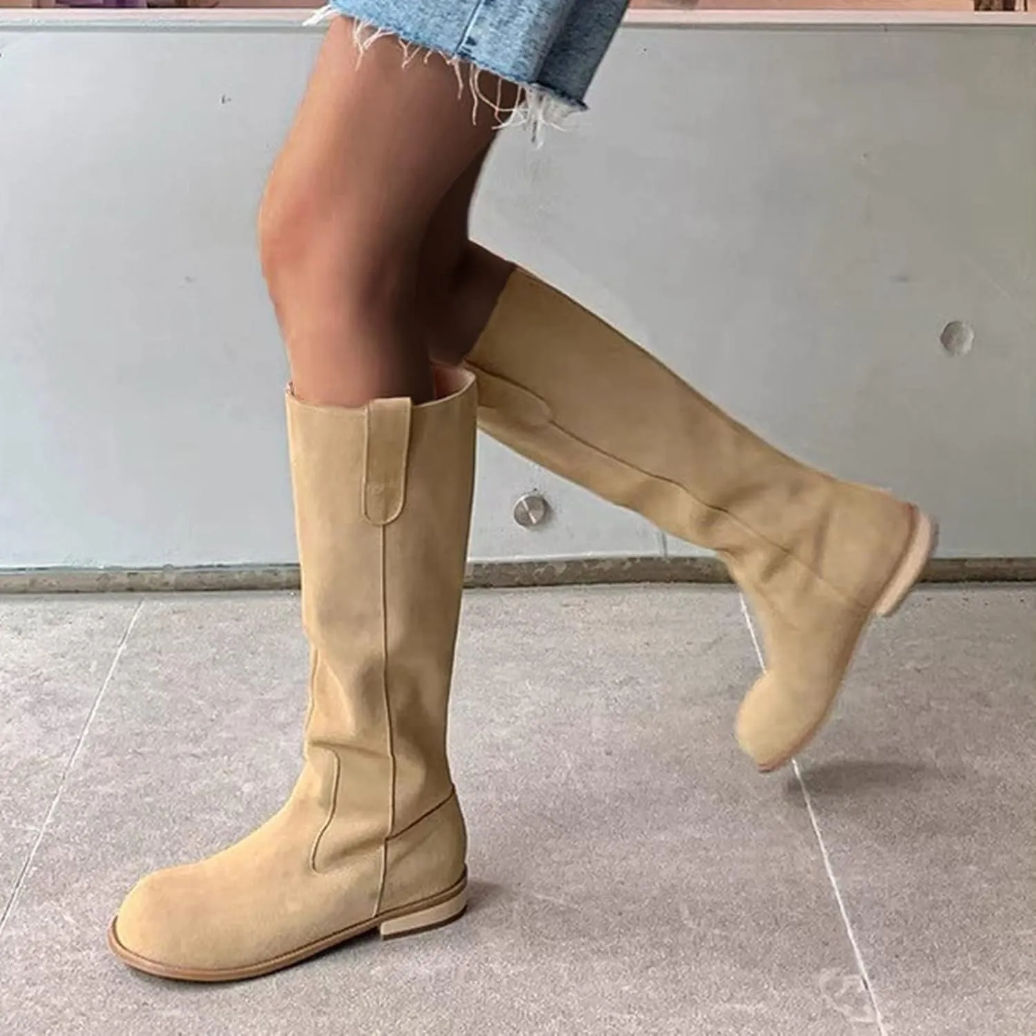 Knee High Boots Women Winter Boots for Women Retro Knee High Boots Flat Low Heel Solid Color Sleeve Mid Calf Boots