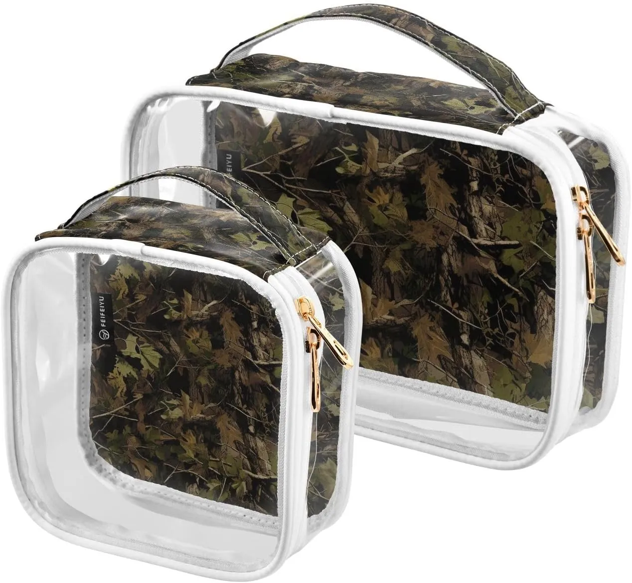 Leaf Camouflage Pattern1 2 Pieces Clear Makeup Cosmetic Bags for Traveling Vacation Organizing, Toiletry Bags for Women Men, PVC Waterproof Travel Organizer