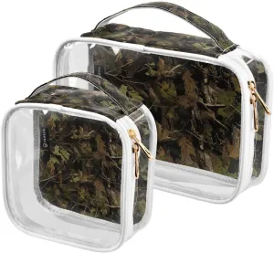 Leaf Camouflage Pattern1 2 Pieces Clear Makeup Cosmetic Bags for Traveling Vacation Organizing, Toiletry Bags for Women Men, PVC Waterproof Travel Organizer