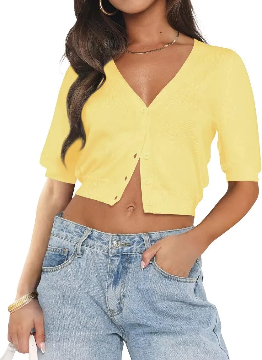 LEEDYA Summer Cardigans for Women Lightweight Short Sleeve Open Front Knit Cropped Sweaters V Neck Button Up Bolero Shrug Top