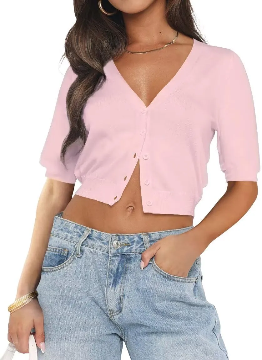 LEEDYA Summer Cardigans for Women Lightweight Short Sleeve Open Front Knit Cropped Sweaters V Neck Button Up Bolero Shrug Top