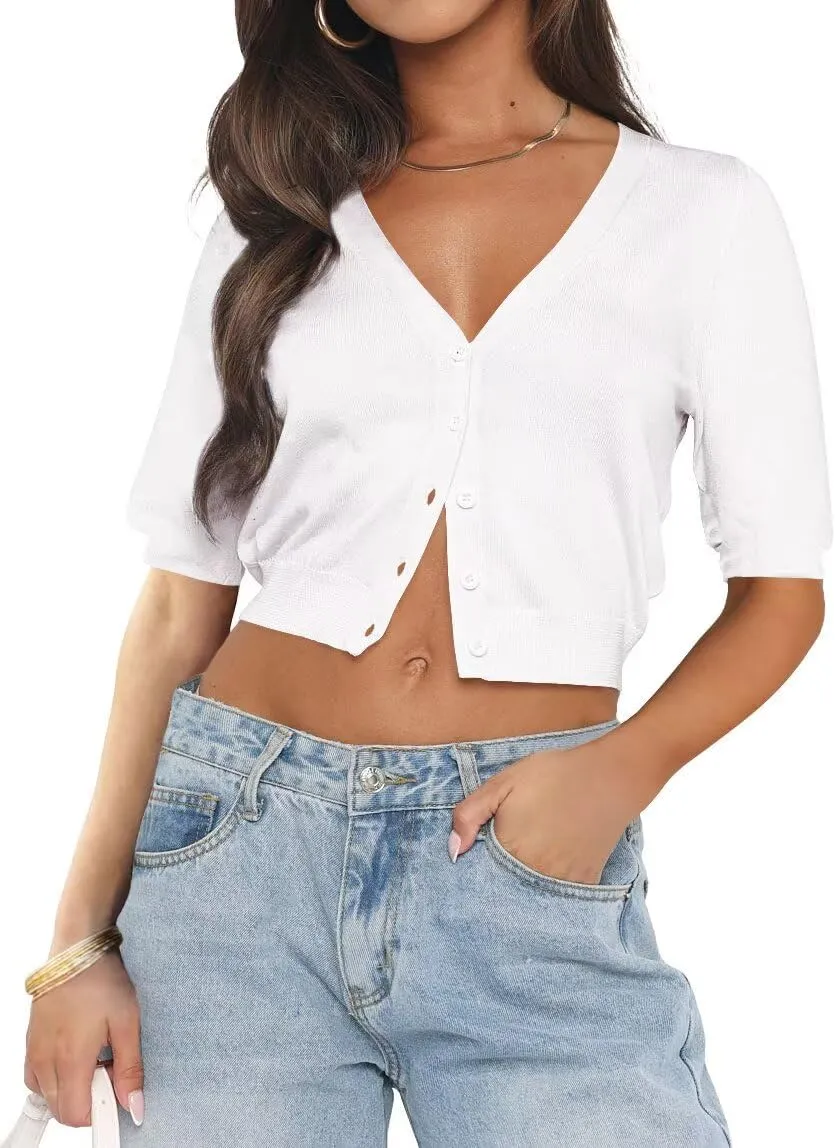 LEEDYA Summer Cardigans for Women Lightweight Short Sleeve Open Front Knit Cropped Sweaters V Neck Button Up Bolero Shrug Top