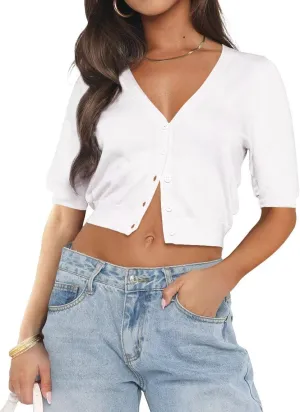 LEEDYA Summer Cardigans for Women Lightweight Short Sleeve Open Front Knit Cropped Sweaters V Neck Button Up Bolero Shrug Top