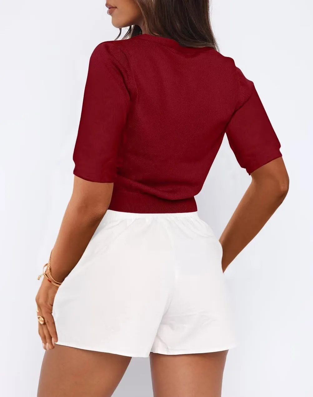 LEEDYA Summer Cardigans for Women Lightweight Short Sleeve Open Front Knit Cropped Sweaters V Neck Button Up Bolero Shrug Top