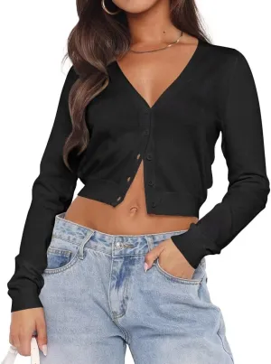 LEEDYA Women's Long Sleeve Cardigans Open Front Knit Cropped Sweaters Fall V Neck Button Down Jacket Tops