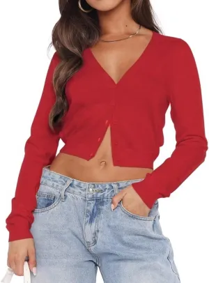 LEEDYA Women's Long Sleeve Cardigans Open Front Knit Cropped Sweaters Fall V Neck Button Down Jacket Tops