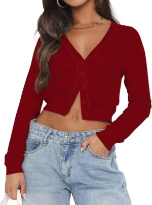 LEEDYA Women's Long Sleeve Cardigans Open Front Knit Cropped Sweaters Fall V Neck Button Down Jacket Tops