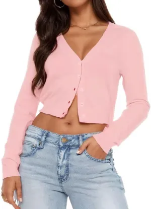 LEEDYA Women's Long Sleeve Cardigans Open Front Knit Cropped Sweaters Fall V Neck Button Down Jacket Tops