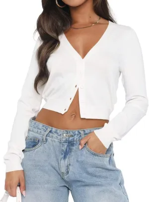 LEEDYA Women's Long Sleeve Cardigans Open Front Knit Cropped Sweaters Fall V Neck Button Down Jacket Tops