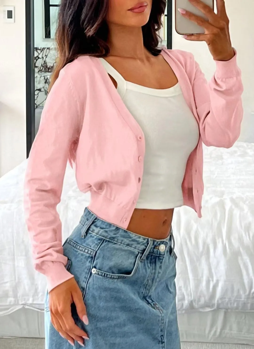 LEEDYA Women's Long Sleeve Cardigans Open Front Knit Cropped Sweaters Fall V Neck Button Down Jacket Tops