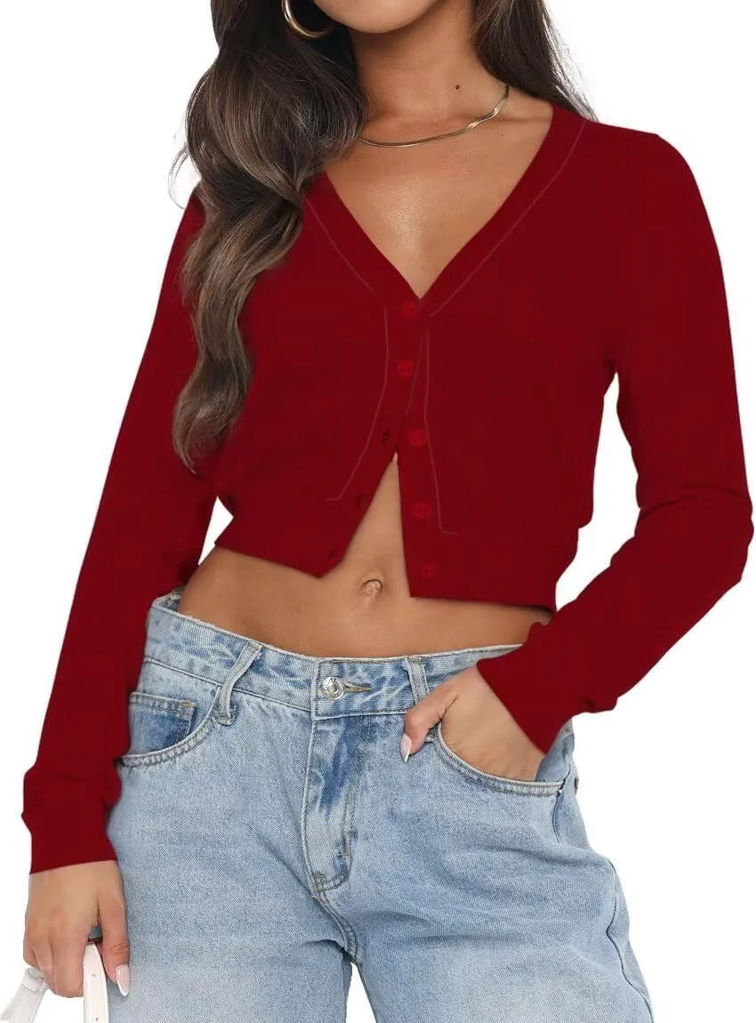 LEEDYA Women's Long Sleeve Cardigans Open Front Knit Cropped Sweaters Fall V Neck Button Down Jacket Tops