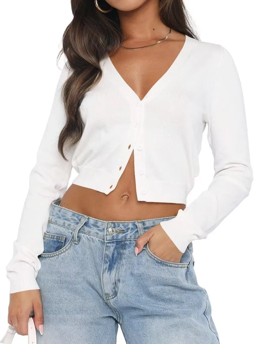 LEEDYA Women's Long Sleeve Cardigans Open Front Knit Cropped Sweaters Fall V Neck Button Down Jacket Tops
