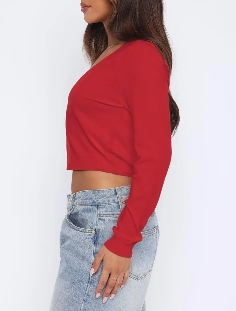 LEEDYA Women's Long Sleeve Cardigans Open Front Knit Cropped Sweaters Fall V Neck Button Down Jacket Tops