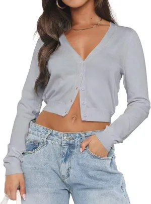 LEEDYA Women's Long Sleeve Cardigans Open Front Knit Cropped Sweaters Fall V Neck Button Down Jacket Tops