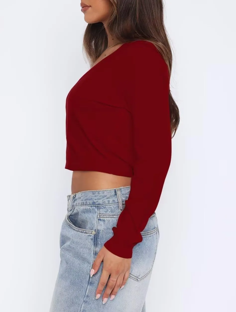 LEEDYA Women's Long Sleeve Cardigans Open Front Knit Cropped Sweaters Fall V Neck Button Down Jacket Tops