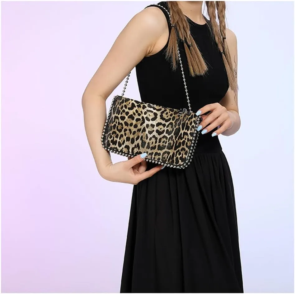 Leopard Print Beading Crossbody Bag Vintage Cheetah Print Satchel Shoulder Envelope Square Bag Animal Print Bag