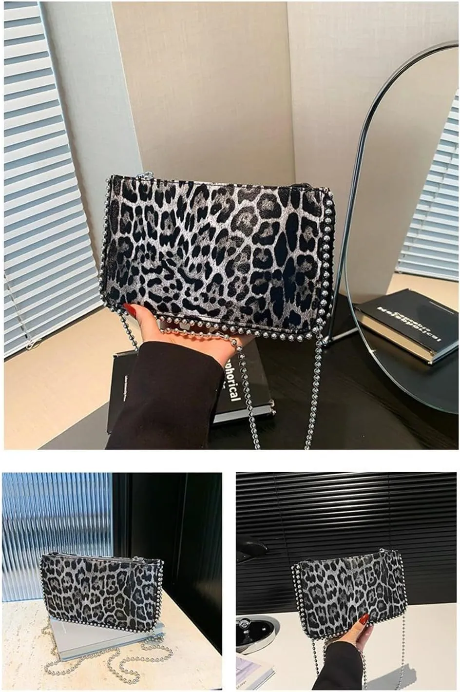 Leopard Print Beading Crossbody Bag Vintage Cheetah Print Satchel Shoulder Envelope Square Bag Animal Print Bag