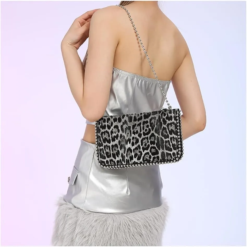 Leopard Print Beading Crossbody Bag Vintage Cheetah Print Satchel Shoulder Envelope Square Bag Animal Print Bag