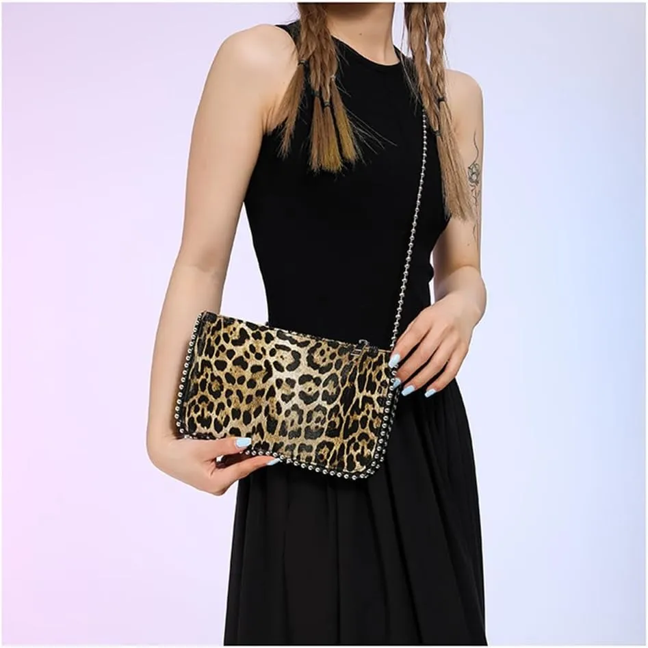 Leopard Print Beading Crossbody Bag Vintage Cheetah Print Satchel Shoulder Envelope Square Bag Animal Print Bag