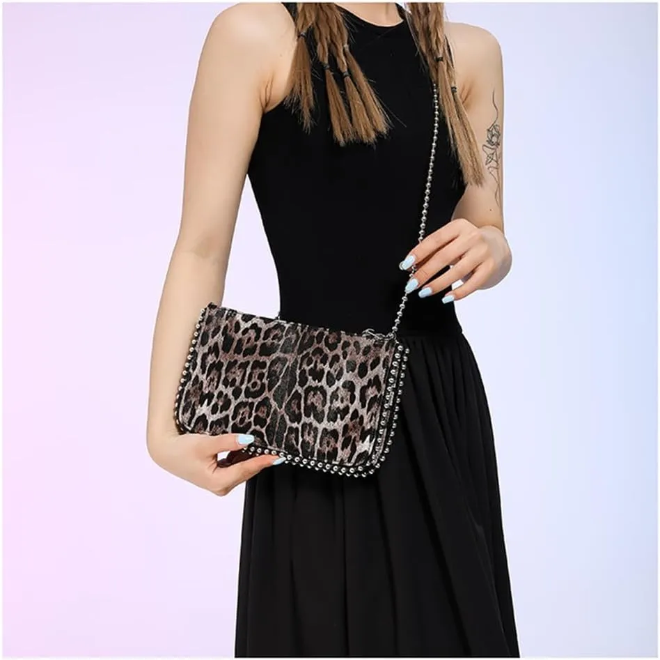 Leopard Print Beading Crossbody Bag Vintage Cheetah Print Satchel Shoulder Envelope Square Bag Animal Print Bag