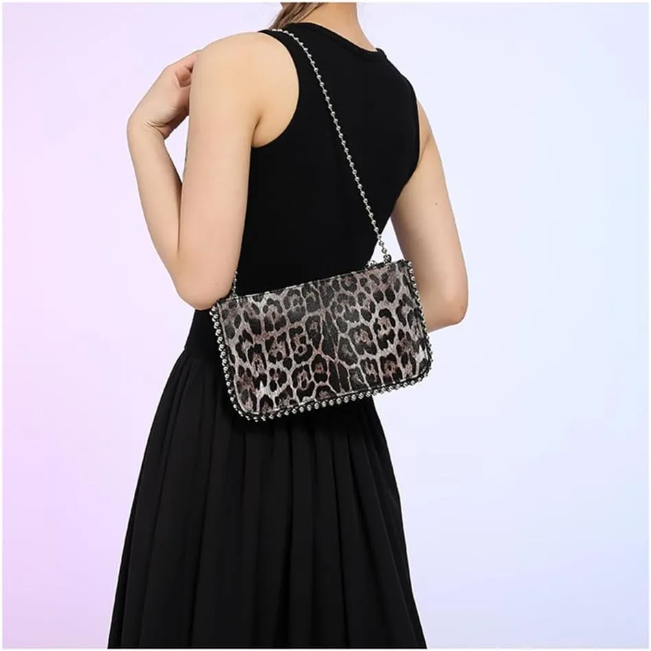 Leopard Print Beading Crossbody Bag Vintage Cheetah Print Satchel Shoulder Envelope Square Bag Animal Print Bag