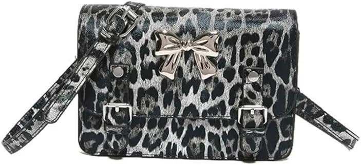 Leopard Print Bowknot Messenger Bag Vintage Cheetah Print Crossbody Square Bag Women Shoulder Satchel Evening Bag