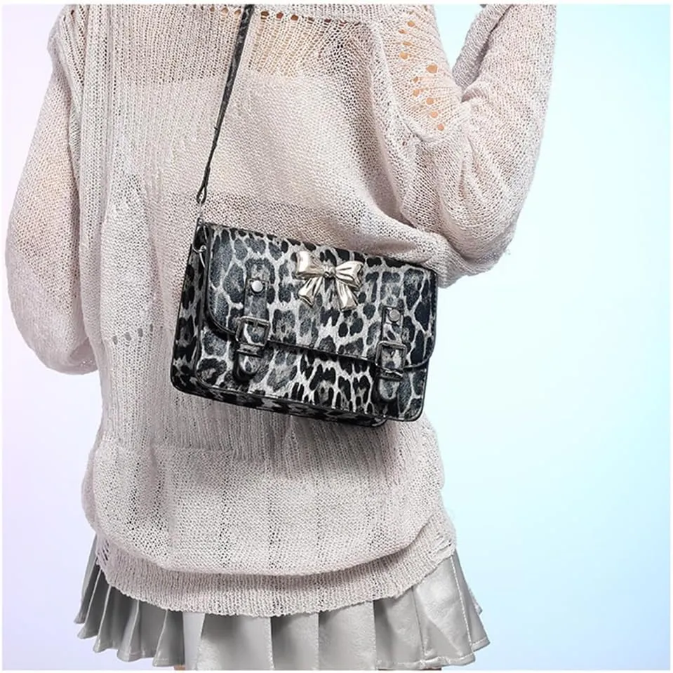 Leopard Print Bowknot Messenger Bag Vintage Cheetah Print Crossbody Square Bag Women Shoulder Satchel Evening Bag